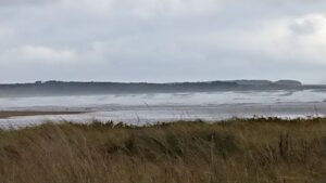 Blurry image of waves and dunes on a windy beach