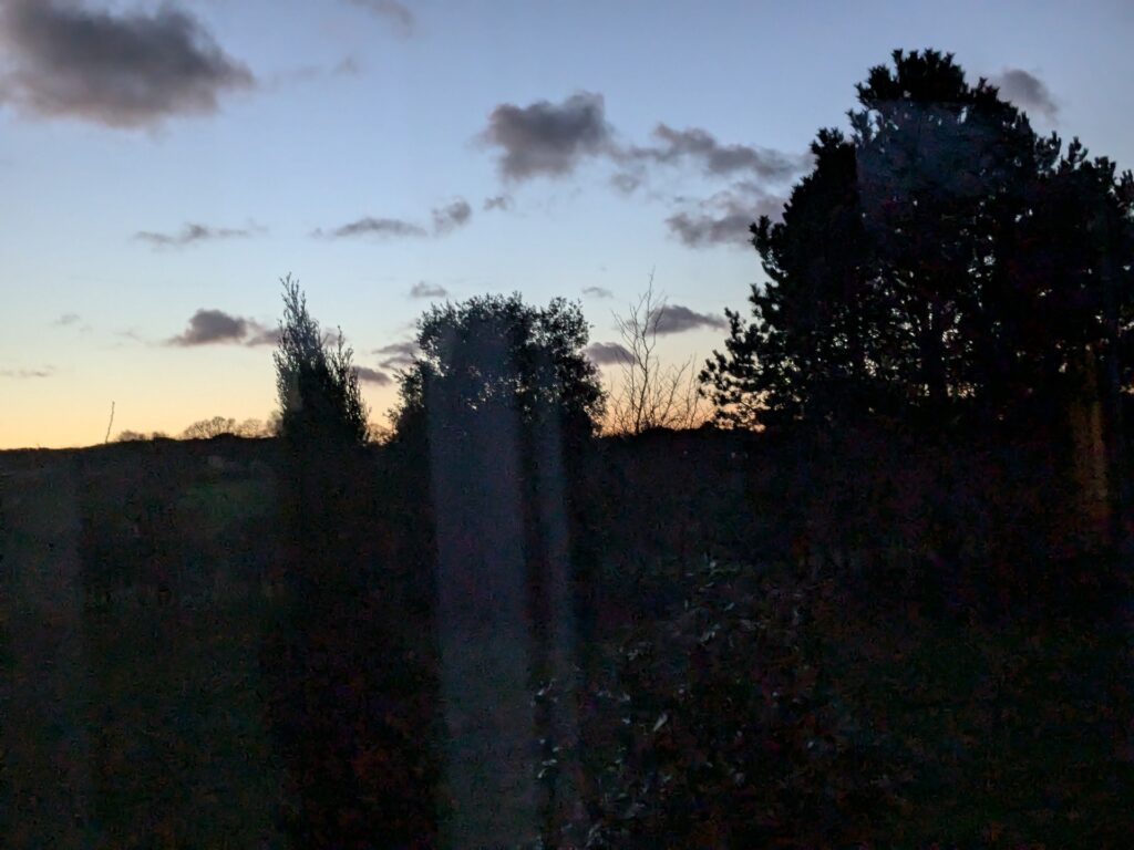 The sky at dusk in January with the outline of trees in black